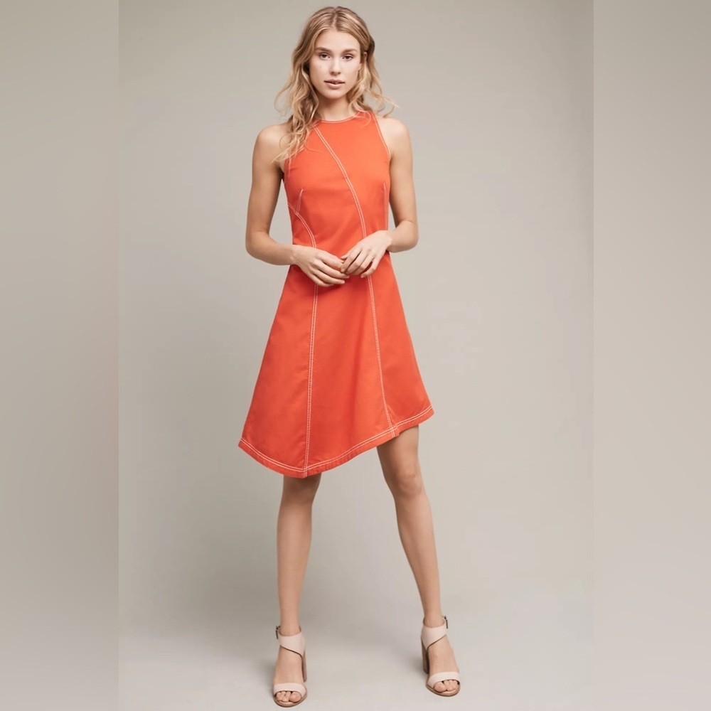 Bileu Anthropologie Sleeveless Orange A-Line Dress with Contrast Stitching sz 8